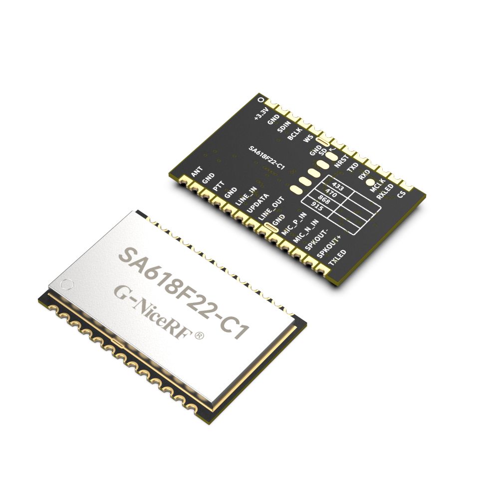 SA618F22-C1是我司一款升級(jí)版的無(wú)線(xiàn)數(shù)字和音頻二合一的全雙工傳輸模塊，具有更短的延時(shí)時(shí)間，同時(shí)支持8人同時(shí)高音質(zhì)通話(huà)。模塊支持多路并發(fā)并收功能，支持多級(jí)的中繼遠(yuǎn)傳、空中升級(jí)或者串口升級(jí)。模塊采用了寬帶擴(kuò)頻技術(shù)，具有功耗低、距離遠(yuǎn)、頻率調(diào)節(jié)靈活等特點(diǎn)。